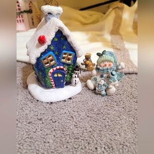 Ceramic Blue House on pedestal and cute vintage small Snowman